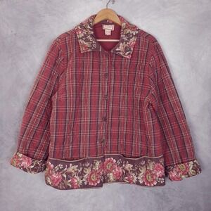 Vintage April Cornell Jacket Womens Large Red Plaid Floral Quilted 90s Granny